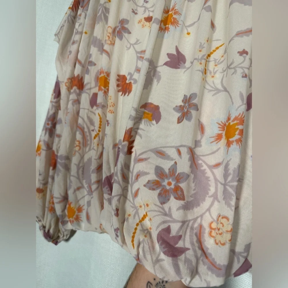Free People Wildflower Honey Floral Print Mesh Top Ivory Combo Large